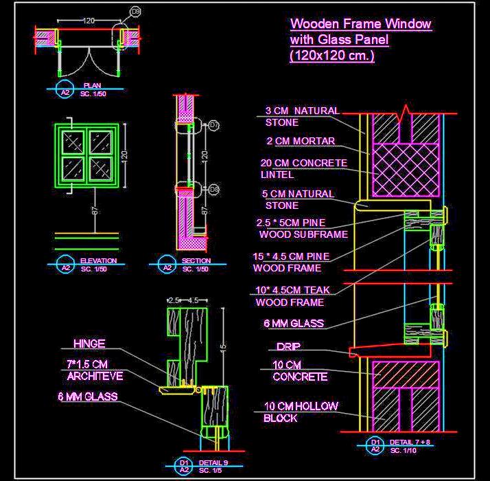 Wooden Window Detail with Glass Panels- DWG File